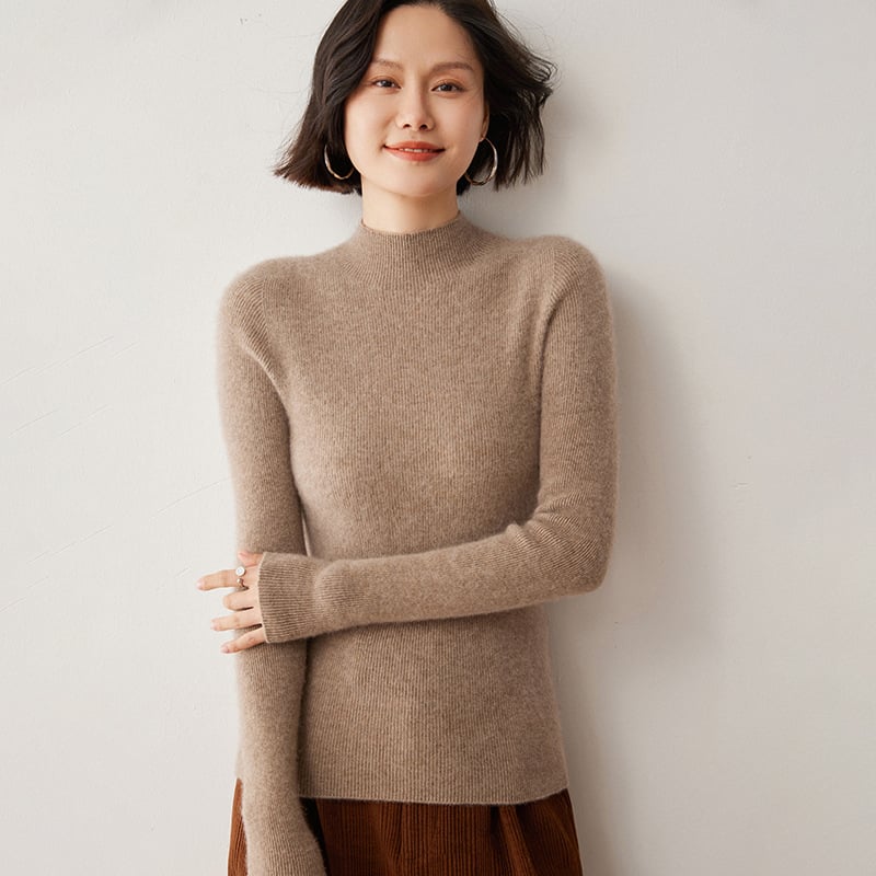 Női pulóver fél magas nyakkal, Slim fit, gyapjú-kasmírszövetes felső, 50–70% gyapjú, 30–50% kasmír, hosszú ujjú, téli 2024
