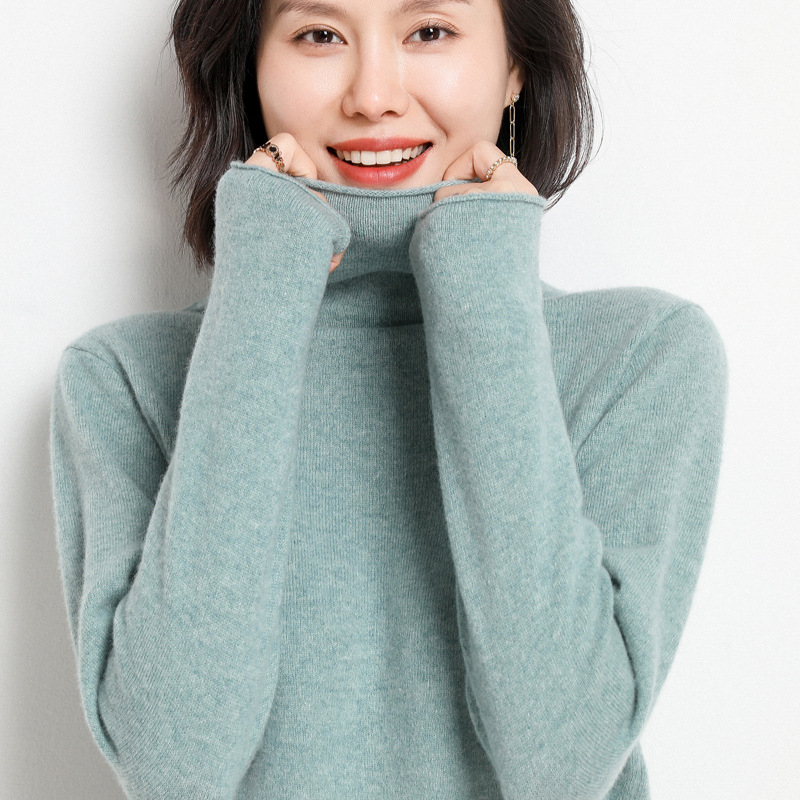Svet od 100% čiste vune s visokim ovratnikom za žene – dugi rukav, uski kroj, zima