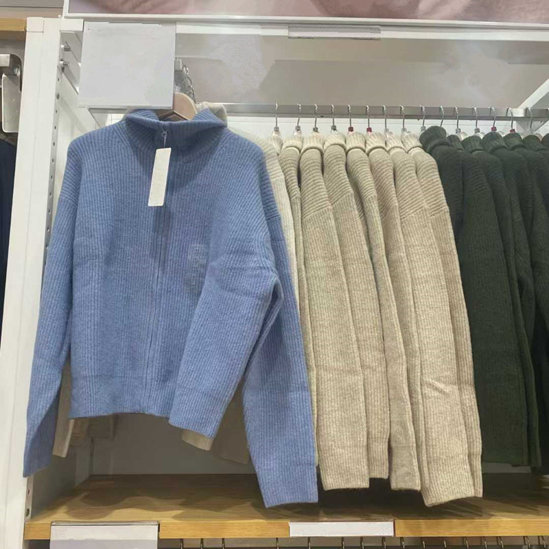 Ženski kardigan od ovčje vune s ribanim pletenjem, zatvarač, stojeći ovratnik, slobodan kroj