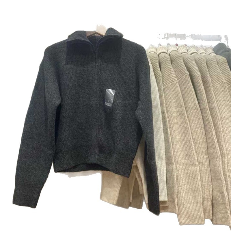Ženski kardigan od ovčje vune s ribanim pletenjem, zatvarač, stojeći ovratnik, slobodan kroj