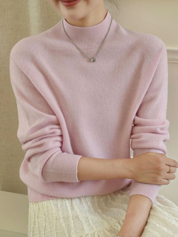 Pulover tricotat din lână și cașmir, guler semi-înalt, mâneci lungi, croială Slim Fit, lungime standardă (50–65 cm)