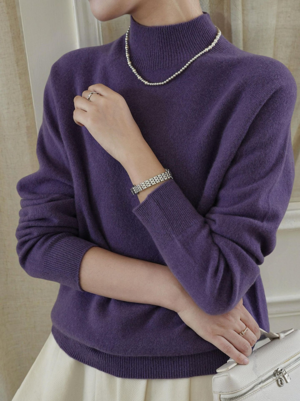 Pulover tricotat din lână și cașmir, guler semi-înalt, mâneci lungi, croială Slim Fit, lungime standardă (50–65 cm)