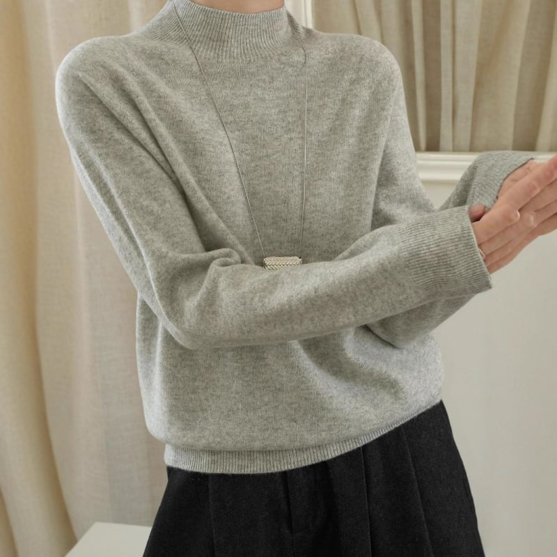 Pulover tricotat din lână și cașmir, guler semi-înalt, mâneci lungi, croială Slim Fit, lungime standardă (50–65 cm)