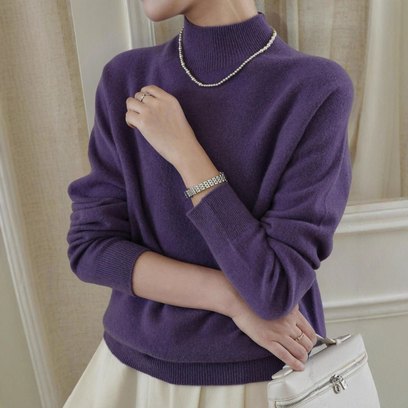 Pulover tricotat din lână și cașmir, guler semi-înalt, mâneci lungi, croială Slim Fit, lungime standardă (50–65 cm)