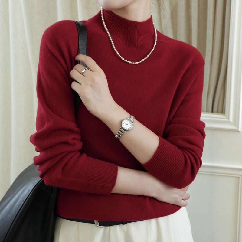 Pulover tricotat din lână și cașmir, guler semi-înalt, mâneci lungi, croială Slim Fit, lungime standardă (50–65 cm)