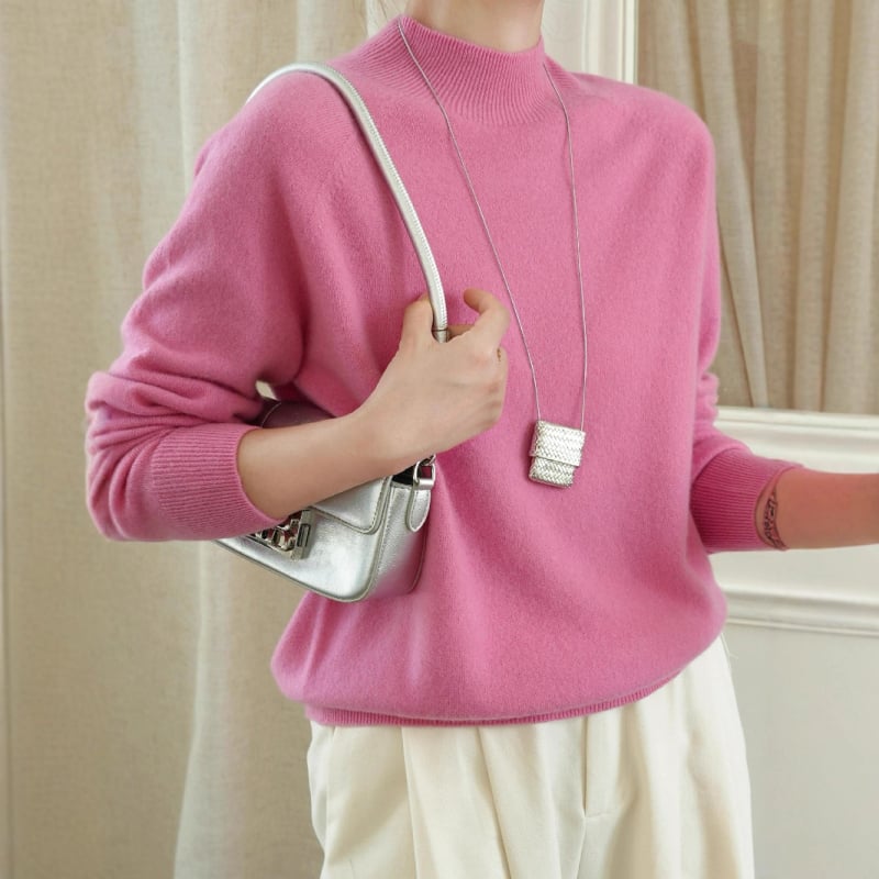 Pulover tricotat din lână și cașmir, guler semi-înalt, mâneci lungi, croială Slim Fit, lungime standardă (50–65 cm)