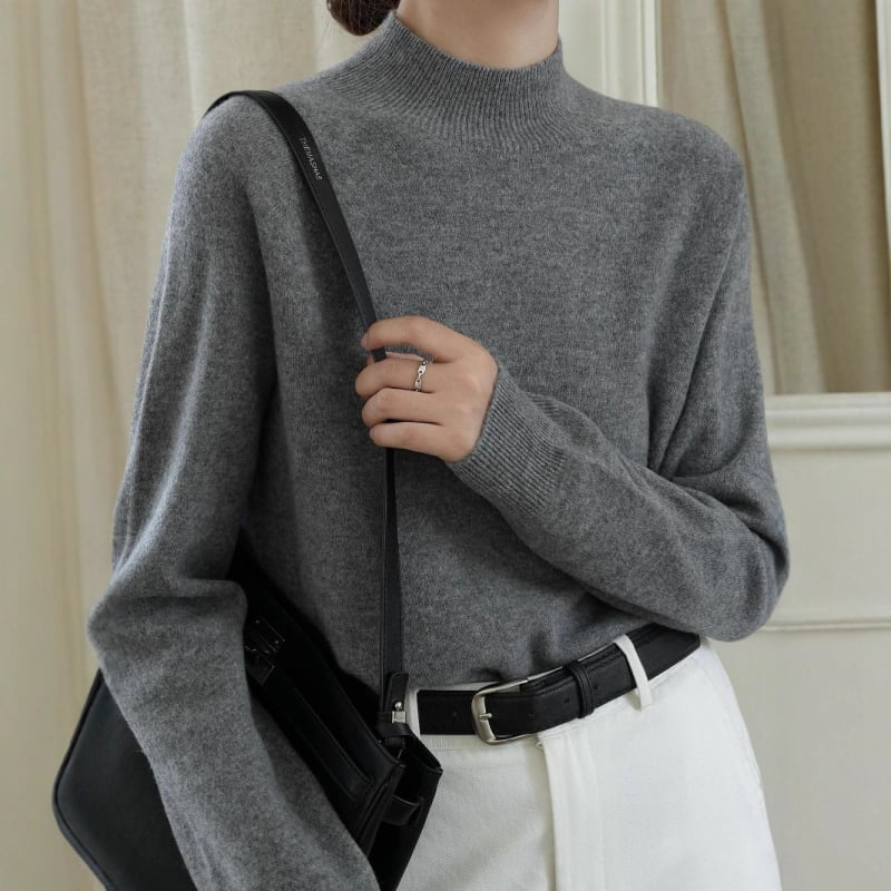 Pulover tricotat din lână și cașmir, guler semi-înalt, mâneci lungi, croială Slim Fit, lungime standardă (50–65 cm)