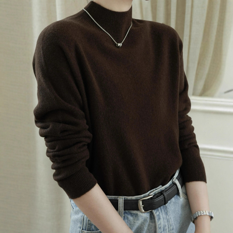 Pulover tricotat din lână și cașmir, guler semi-înalt, mâneci lungi, croială Slim Fit, lungime standardă (50–65 cm)