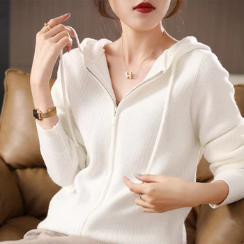 Női kapucnis kötött kardigán, laza szabás, kasmírszövet, acril-poliészter keverék, cipzár