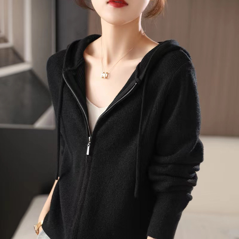 Női kapucnis kötött kardigán, laza szabás, kasmírszövet, acril-poliészter keverék, cipzár