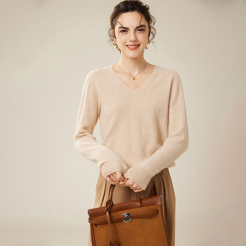 Pulover din cașmir pentru femei, decolteu în V, croială lejeră, mâneci lungi