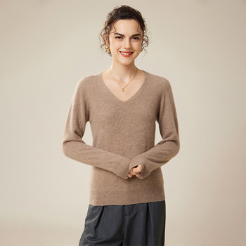 Pulover din cașmir pentru femei, decolteu în V, croială lejeră, mâneci lungi