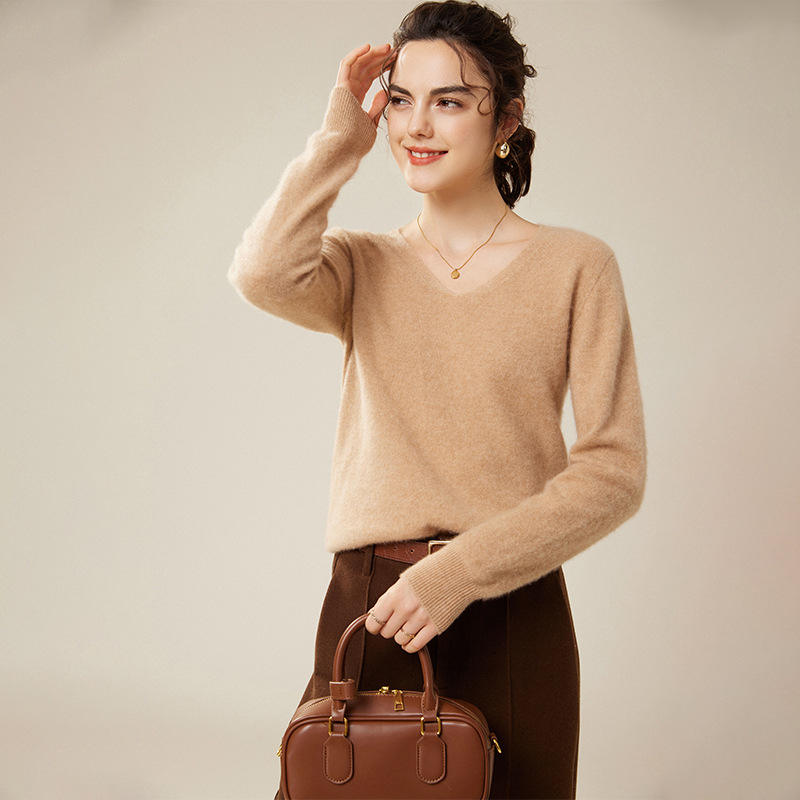 Pulover din cașmir pentru femei, decolteu în V, croială lejeră, mâneci lungi
