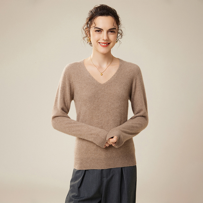 Pulover din cașmir pentru femei, decolteu în V, croială lejeră, mâneci lungi