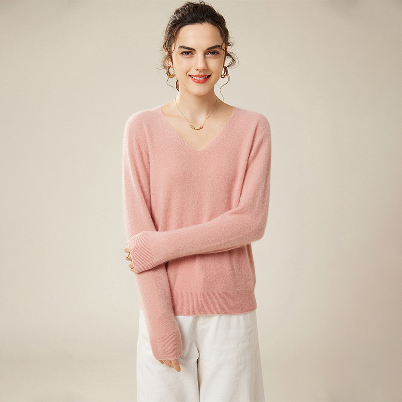 Pulover din cașmir pentru femei, decolteu în V, croială lejeră, mâneci lungi