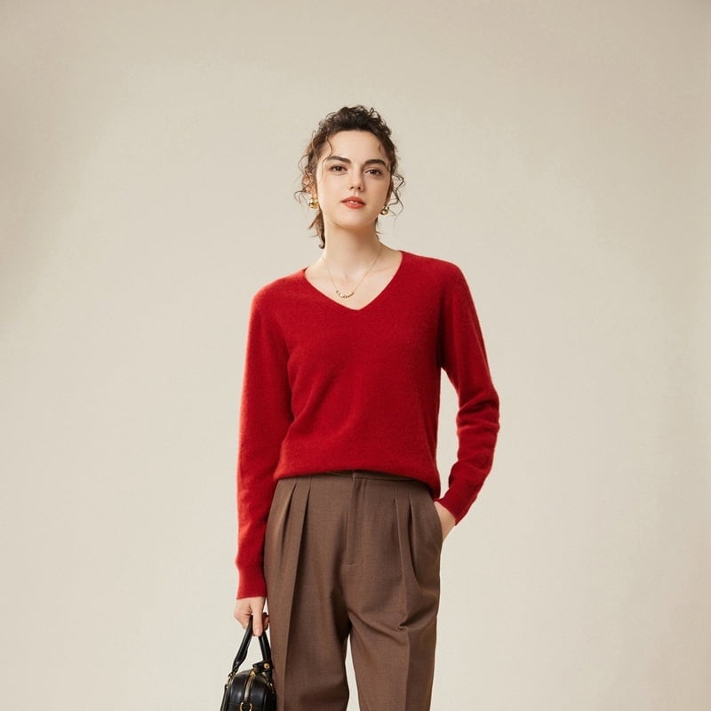 Pulover din cașmir pentru femei, decolteu în V, croială lejeră, mâneci lungi
