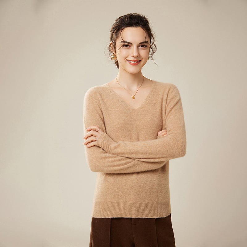 Pulover din cașmir pentru femei, decolteu în V, croială lejeră, mâneci lungi