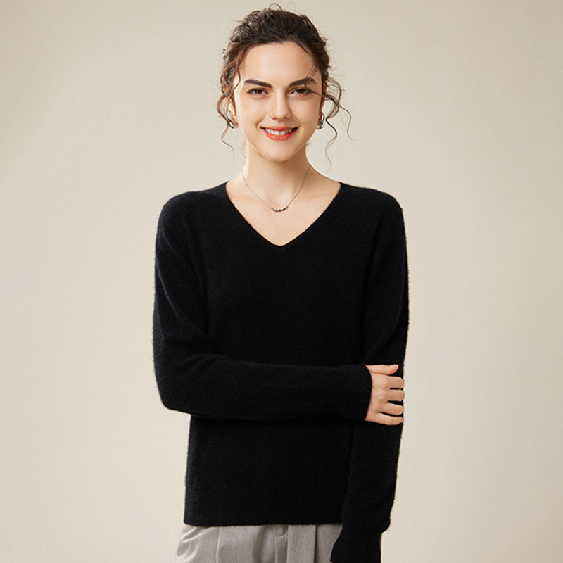 Pulover din cașmir pentru femei, decolteu în V, croială lejeră, mâneci lungi