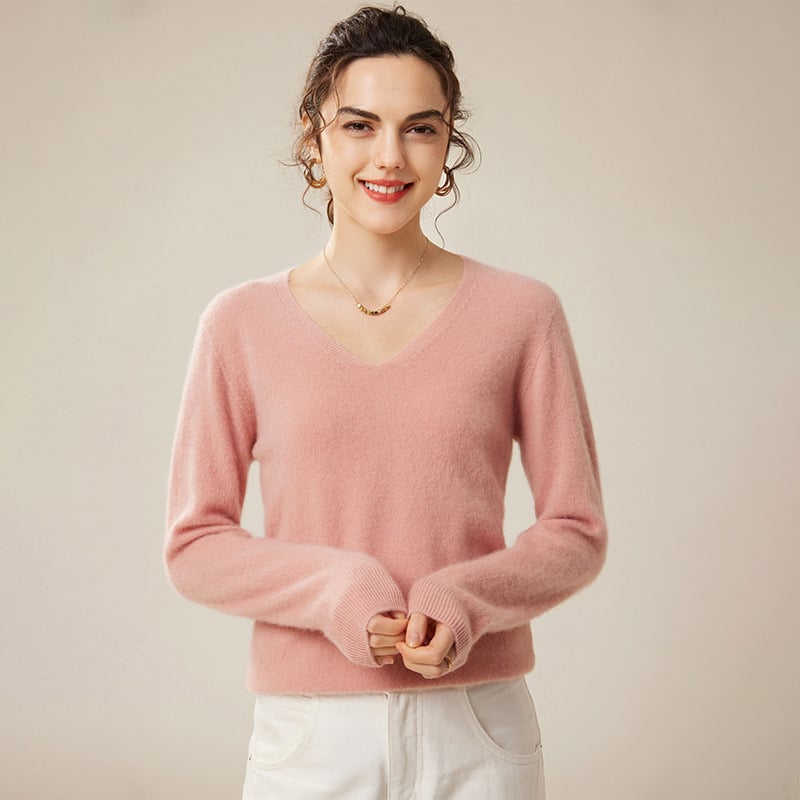 Pulover din cașmir pentru femei, decolteu în V, croială lejeră, mâneci lungi
