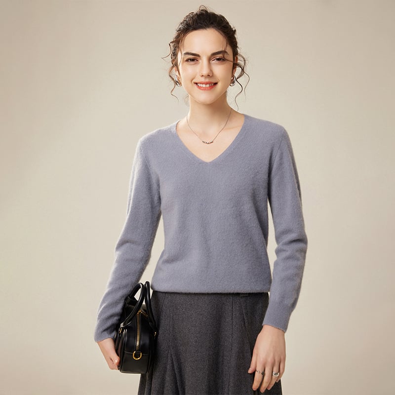 Pulover din cașmir pentru femei, decolteu în V, croială lejeră, mâneci lungi