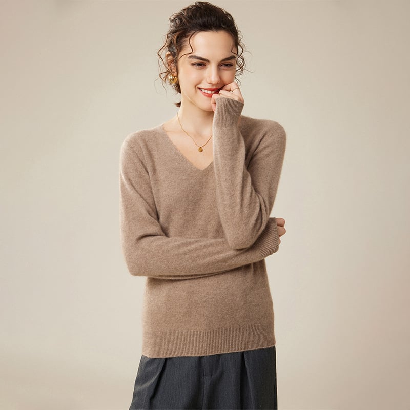 Pulover din cașmir pentru femei, decolteu în V, croială lejeră, mâneci lungi