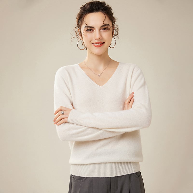 Pulover din cașmir pentru femei, decolteu în V, croială lejeră, mâneci lungi