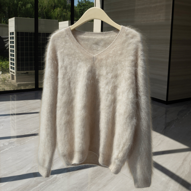 Pulover de damă din cașmir cu glugă – croială lejeră, mâneci lungi, model uni, 95% cașmir