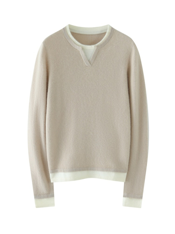 Pulover damă din cașmir cu glugă — croială lejeră, mâneci lungi, guler rotund, set fals cu două piese în nuanțe asortate, toamnă 2024