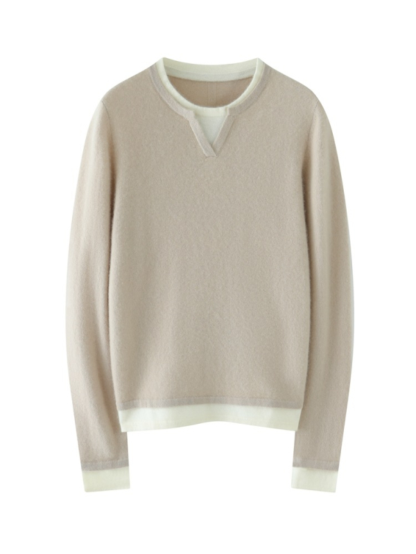 Pulover damă din cașmir cu glugă — croială lejeră, mâneci lungi, guler rotund, set fals cu două piese în nuanțe asortate, toamnă 2024