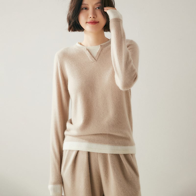 Pulover damă din cașmir cu glugă — croială lejeră, mâneci lungi, guler rotund, set fals cu două piese în nuanțe asortate, toamnă 2024