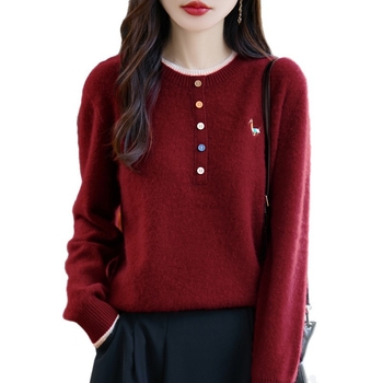 Női színes blokkolt gyapjú pulóver hímzett pónim motívummal, vastag kötés, laza szabás, kerek nyak, téli 2025, 95% gyapjú + legfeljebb 30% regenerált cellulóz rost