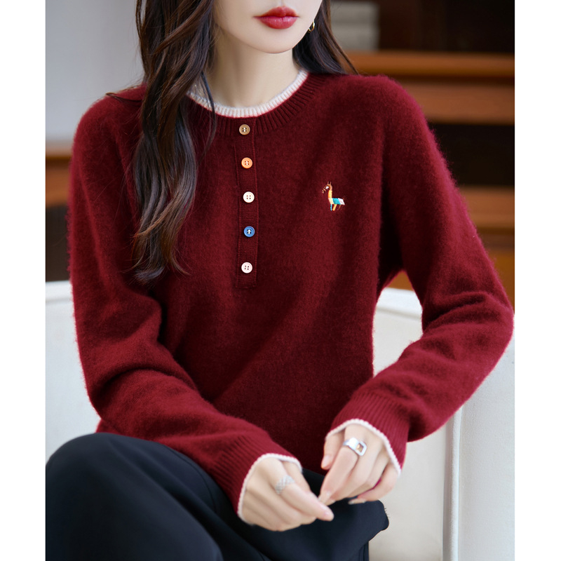 Női színes blokkolt gyapjú pulóver hímzett pónim motívummal, vastag kötés, laza szabás, kerek nyak, téli 2025, 95% gyapjú + legfeljebb 30% regenerált cellulóz rost