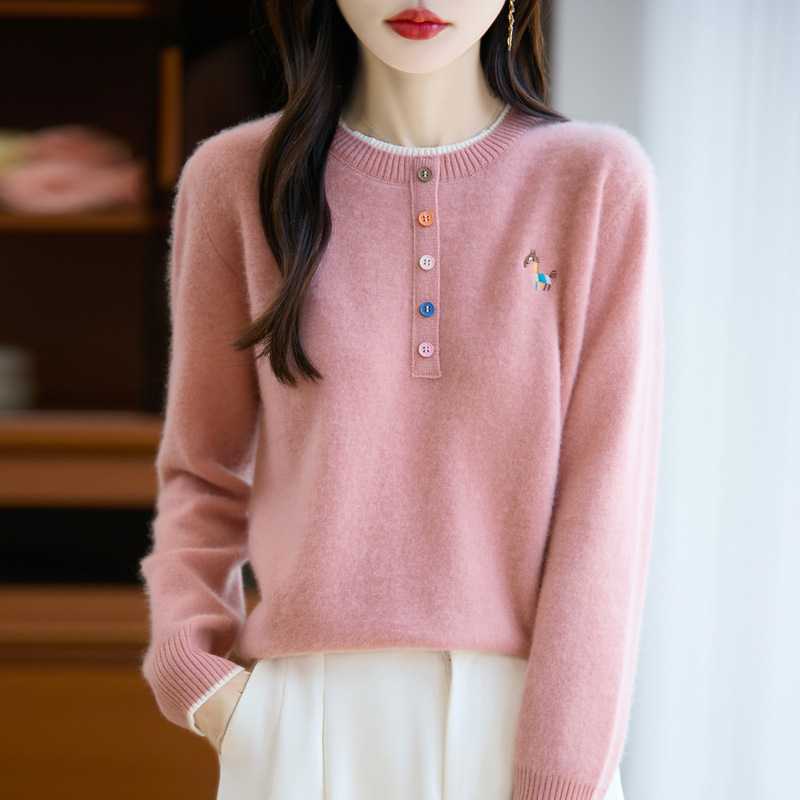 Női színes blokkolt gyapjú pulóver hímzett pónim motívummal, vastag kötés, laza szabás, kerek nyak, téli 2025, 95% gyapjú + legfeljebb 30% regenerált cellulóz rost