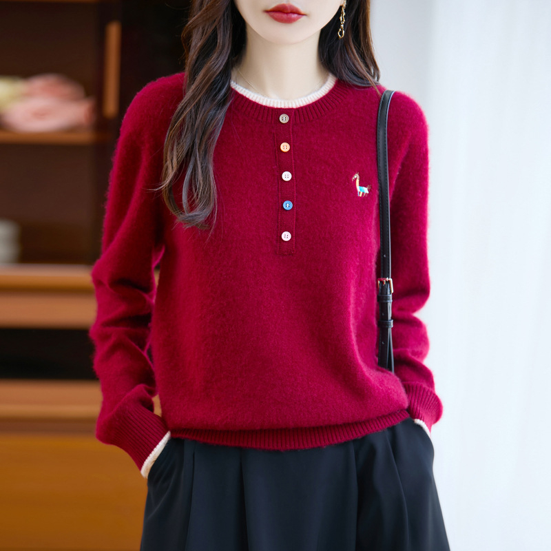 Női színes blokkolt gyapjú pulóver hímzett pónim motívummal, vastag kötés, laza szabás, kerek nyak, téli 2025, 95% gyapjú + legfeljebb 30% regenerált cellulóz rost