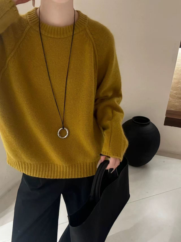 Női vastag gyapjú kötött pulóver, laza szabás, kerek nyak, hosszú ujjú