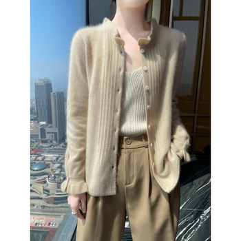 Cardigan din cașmir pentru femei, croială lejeră, guler dantelat, mâneci lungi, 30–50% cașmir