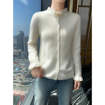 Cardigan din cașmir pentru femei, croială lejeră, guler dantelat, mâneci lungi, 30–50% cașmir