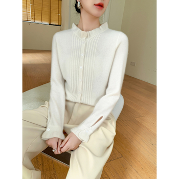 Cardigan din cașmir pentru femei, croială lejeră, guler dantelat, mâneci lungi, 30–50% cașmir