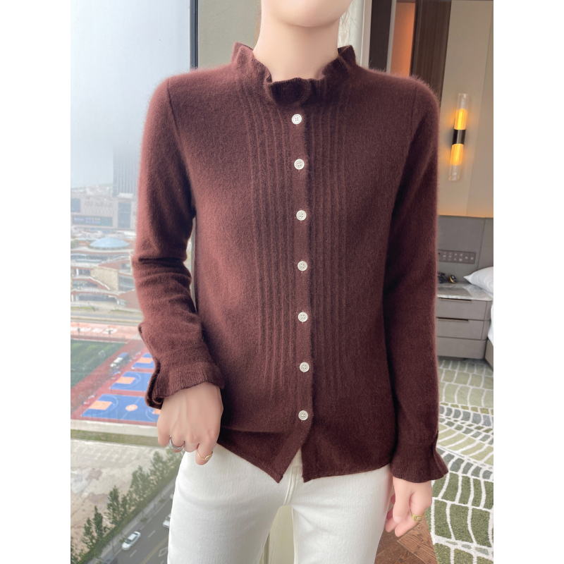 Cardigan din cașmir pentru femei, croială lejeră, guler dantelat, mâneci lungi, 30–50% cașmir