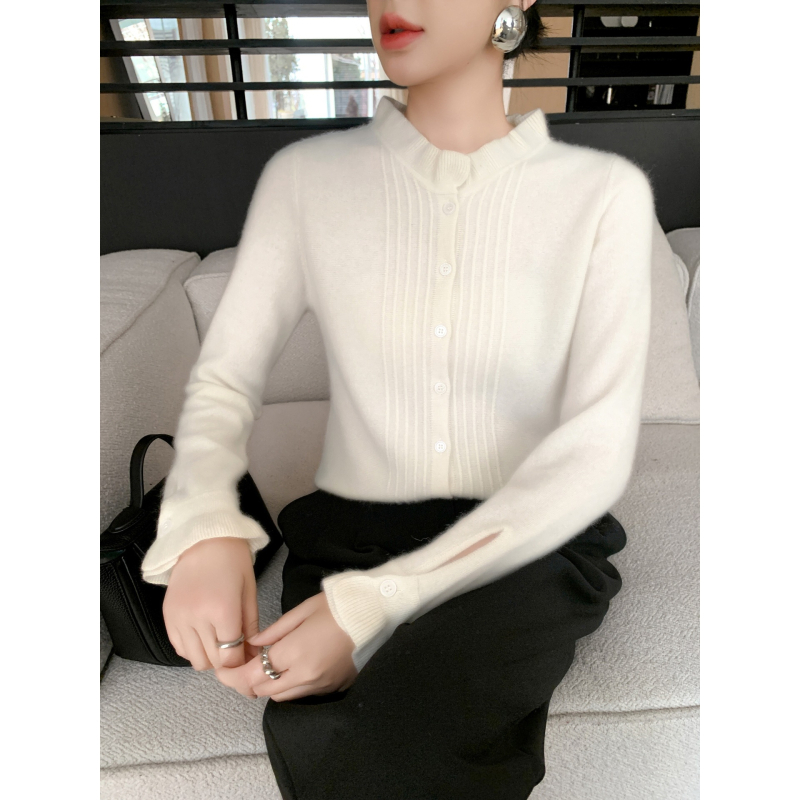 Cardigan din cașmir pentru femei, croială lejeră, guler dantelat, mâneci lungi, 30–50% cașmir