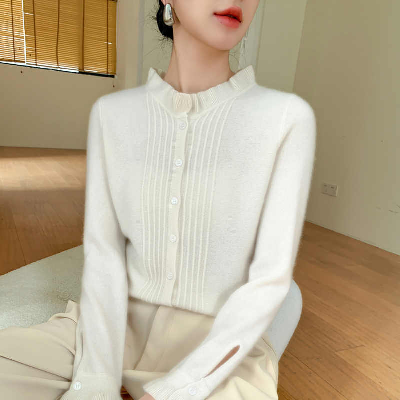 Cardigan din cașmir pentru femei, croială lejeră, guler dantelat, mâneci lungi, 30–50% cașmir