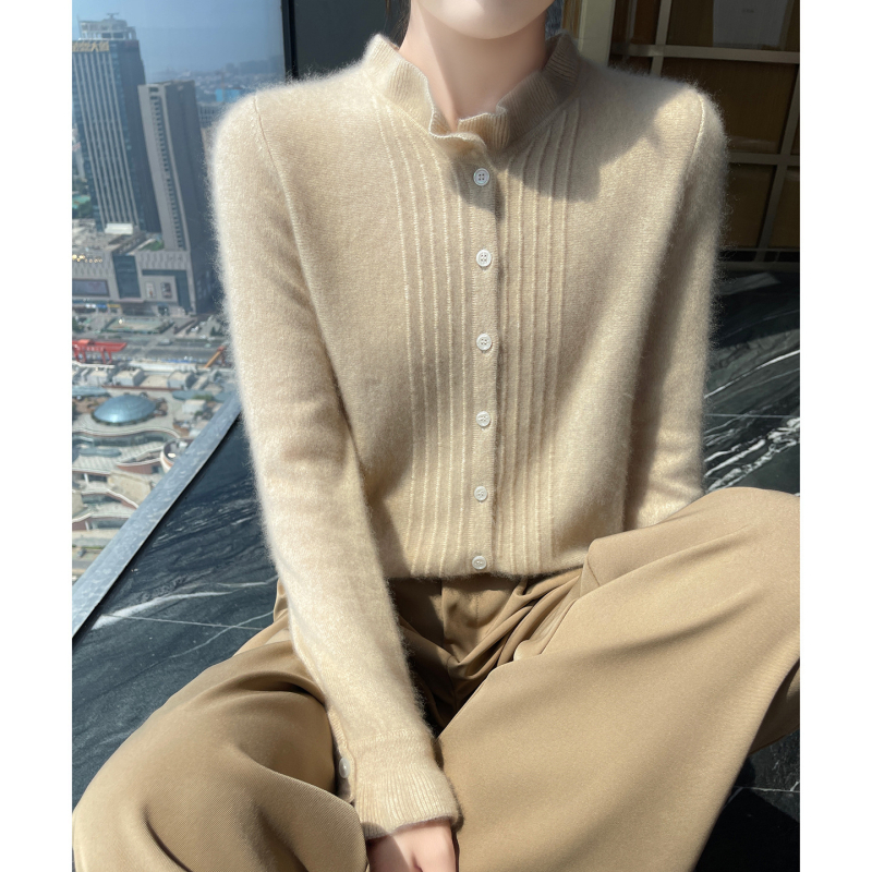 Cardigan din cașmir pentru femei, croială lejeră, guler dantelat, mâneci lungi, 30–50% cașmir