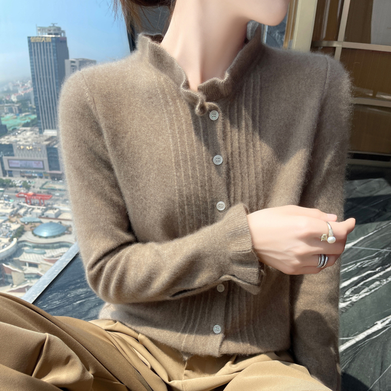 Cardigan din cașmir pentru femei, croială lejeră, guler dantelat, mâneci lungi, 30–50% cașmir