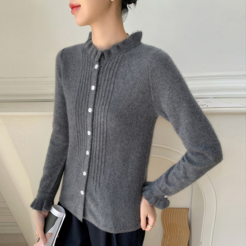 Cardigan din cașmir pentru femei, croială lejeră, guler dantelat, mâneci lungi, 30–50% cașmir