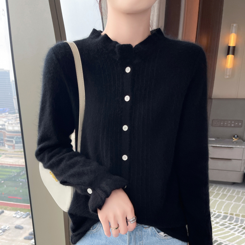 Cardigan din cașmir pentru femei, croială lejeră, guler dantelat, mâneci lungi, 30–50% cașmir