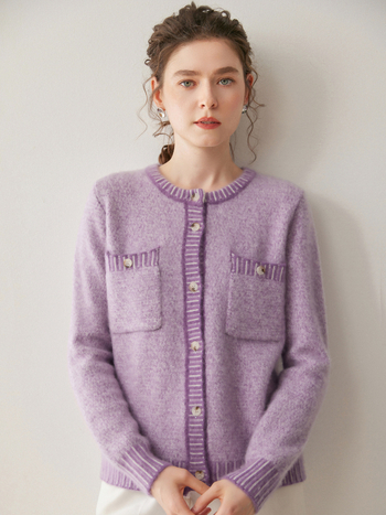 Cardigan din cașmir Xinwan, guler rotund, tricot foarte gros, mâneci lungi, croială regular