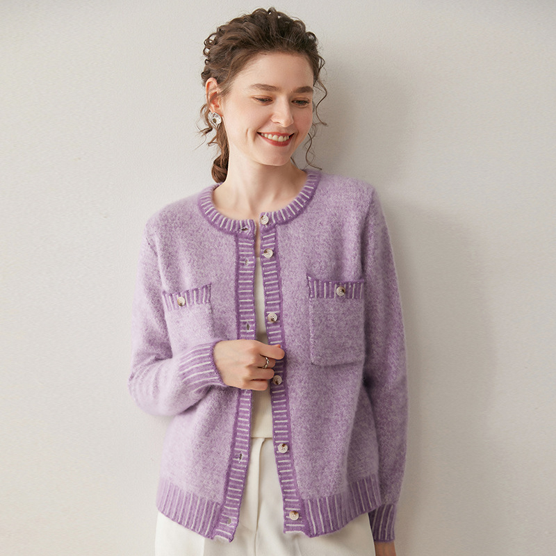 Cardigan din cașmir Xinwan, guler rotund, tricot foarte gros, mâneci lungi, croială regular