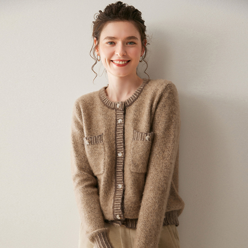 Cardigan din cașmir Xinwan, guler rotund, tricot foarte gros, mâneci lungi, croială regular