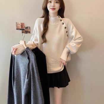 Kötött pulóver kapucnival – fél magas gallér, laza szabás, egyszerű minta, vastag gyapjú–akril keverék