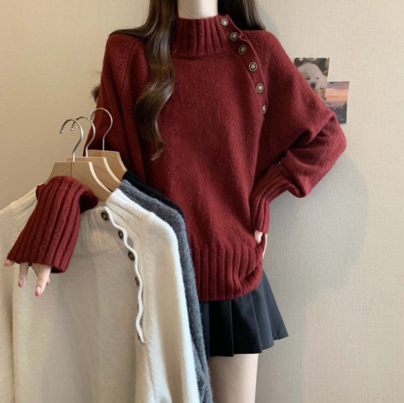 Kötött pulóver kapucnival – fél magas gallér, laza szabás, egyszerű minta, vastag gyapjú–akril keverék